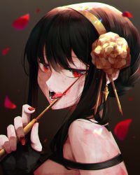 Rule 34 | 1girl, bare shoulders, black dress, black gloves, black hair, blood, bloody weapon, choker, dagger, dress, earrings, face, fingerless gloves, gloves, hair ornament, hairband, half-closed eyes, highres, holding, holding weapon, inkspirate, jewelry, knife, licking, licking weapon, looking at viewer, nail polish, open mouth, petals, red eyes, red nails, saliva, sidelocks, solo, spy x family, tongue, tongue out, weapon, yor briar
