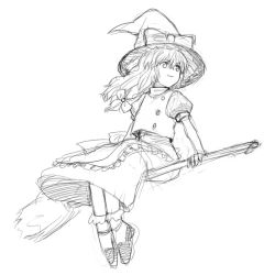 Rule 34 | 1girl, broom, broom riding, female focus, greyscale, hat, kirisame marisa, monochrome, sidesaddle, simple background, sketch, solo, touhou, white background, witch hat, yu 65026
