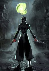 Rule 34 | 1boy, amamiya ren, black hair, bloodborne, city, crossover, full body, gloves, gun, highres, holding, jacket, knife, male focus, mask, night, pants, persona, persona 5, red gloves, short hair, solo, weapon, yourfreakyneighbourh