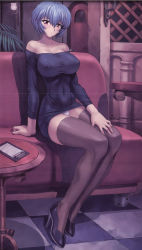 Rule 34 | 1girl, alternate breast size, ayanami rei, bare shoulders, blue hair, blush, breasts, couch, covered erect nipples, high heels, highres, impossible clothes, indoors, lamp, large breasts, looking at viewer, mogudan, neon genesis evangelion, nipples, no bra, on couch, panties, pantyshot, plant, red eyes, scan, shirt, shoes, short hair, sitting, smile, solo, table, taut clothes, thighhighs, tight clothes, tight shirt, underwear, white panties, zettai ryouiki