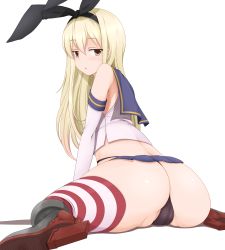 Rule 34 | 10s, 1girl, arm support, ass, black panties, blonde hair, cameltoe, elbow gloves, expressionless, from behind, gloves, hairband, high heels, highleg, highleg panties, highres, kantai collection, long hair, looking at viewer, looking back, microskirt, midriff, panties, sailor collar, shimakaze (kancolle), sitting, skirt, solo, striped clothes, striped thighhighs, thighhighs, underwear, wariza, white background, white gloves, yue (show-ei)