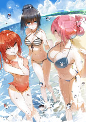Rule 34 | 3:, 3girls, absurdres, barefoot, beach, bikini, black hair, blue bikini, blue eyes, blush, breasts, brown eyes, clenched hand, closed mouth, cloud, collarbone, covered navel, day, finger to mouth, folded ponytail, frilled swimsuit, frills, grin, hair between eyes, hair bun, halterneck, highres, holding hands, large breasts, leg up, lens flare, long hair, looking at viewer, medium breasts, multiple girls, navel, nose blush, o-ring, o-ring top, one-piece swimsuit, one eye closed, orange hair, orange one-piece swimsuit, original, outdoors, paw print, pink hair, profile, side-tie bikini bottom, single hair bun, sky, smile, sparkle, splashing, standing, striped bikini, striped clothes, swimsuit, tameiki, thigh gap, twintails, water, water drop, wet