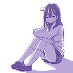 Rule 34 | 1girl, expressionless, full body, jitome, kantai collection, hugging own legs, long hair, long sleeves, monochrome, parody, purple theme, shoes, simple background, sitting, sketch, skirt, socks, solo, style parody, ushio (kancolle), white background, zaxwu