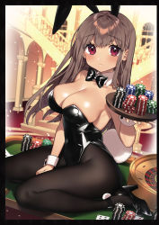 1girl, animal ears, bare shoulders, between legs, black legwear, blurry, blurry background, blush, border, bow, bowtie, breasts, brown hair, bunny ears, bunny girl, bunny tail, cleavage, closed mouth, depth of field, detached collar, eyebrows visible through hair, hand between legs, high heels, highres, indoors, large breasts, leotard, long hair, looking at viewer, non-web source, original, pantyhose, playboy bunny, poker chip, red eyes, sakura yuki (clochette), shiny, shiny skin, sitting, solo, tail, tray