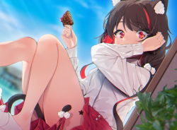Rule 34 | 1girl, agnamore, animal ear fluff, animal ears, bad id, bad pixiv id, black hair, blue sky, blurry, blurry background, cat ears, cat girl, cat tail, cloud, covered mouth, day, depth of field, dutch angle, feet out of frame, food, hands up, holding, holding food, ice cream, knees up, long hair, long sleeves, looking at viewer, multicolored hair, original, outdoors, pleated skirt, red eyes, red hair, red skirt, shirt, sitting, skirt, sky, solo, streaked hair, tail, two-tone hair, very long hair, white footwear, white shirt