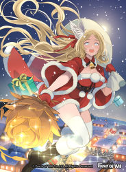 Rule 34 | 1girl, bell, neck bell, blonde hair, blue eyes, boots, box, breasts, cape, christmas, circlet, cleavage, collar, copyright name, feathers, force of will, fur trim, gift, gift box, gloves, hat, long hair, official art, open mouth, santa costume, santa hat, sky, snow, snowing, solo, sparkle, staff, teeth, thighhighs, tree, yuko (uc yuk)