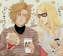 Rule 34 | 2boys, arm tattoo, black nails, blonde hair, burger, cigarette, command spell, cup, daybit sem void, disposable cup, drinking straw, fast food, fate/grand order, fate (series), flapper shirt, food, highres, holding, holding cigarette, holding cup, holding food, jewelry, lettuce, long hair, male focus, medallion, multiple boys, necklace, orange-tinted eyewear, purple eyes, re na961059, shirt, short hair, shoulder tattoo, sleeveless, smoke, sunglasses, tattoo, tezcatlipoca (fate), tinted eyewear, upper body, white shirt