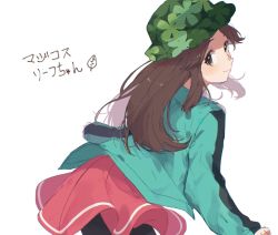 Rule 34 | 1girl, bike shorts, blush, brown hair, closed mouth, commentary request, creatures (company), dress, eyelashes, game freak, green hat, green jacket, hat, jacket, leaf (pokemon), leaf (sygna suit) (pokemon), long hair, long sleeves, looking at viewer, looking back, nintendo, official alternate costume, pink dress, pokemon, pokemon masters ex, posunke, simple background, sketch, smile, solo, translation request, white background