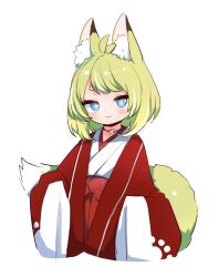 Rule 34 | 1girl, :3, animal ear fluff, animal ears, blue eyes, blush, closed mouth, commentary request, done (donezumi), eyebrows hidden by hair, green hair, hakama, hakama skirt, highres, japanese clothes, kimono, long sleeves, looking at viewer, multicolored hair, original, red hakama, short eyebrows, simple background, skirt, sleeves past fingers, sleeves past wrists, solo, streaked hair, tail, thick eyebrows, white background, white hair, white kimono, wide sleeves