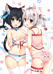 Rule 34 | 2girls, :3, ahoge, animal ears, animal print, ass, bell, black hair, blue eyes, blush, bow, bow panties, bra, bra lift, bra pull, breasts, camisole, camisole lift, cat ears, cat panties, cat print, cat tail, choker, clothes lift, clothes pull, collarbone, commentary request, cowboy shot, fang, hair ornament, hair ribbon, hair scrunchie, hairclip, highres, lifting another&#039;s clothes, looking at viewer, md5 mismatch, multiple girls, navel, neck bell, nipples, open mouth, original, panties, pink panties, polka dot, polka dot background, polka dot bra, polka dot panties, print panties, red eyes, ribbon, sakuraba hikaru (loveindog), scrunchie, short hair, short twintails, silver hair, small breasts, tail, thigh strap, thighhighs, twintails, underwear, underwear only, white bra, white legwear, white panties, yuri