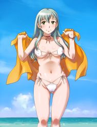 Rule 34 | 10s, 1girl, bikini, blush, bracelet, breasts, breasts apart, cameltoe, closed mouth, cloud, collarbone, covered erect nipples, day, eyebrows, front-tie bikini top, front-tie top, green eyes, green hair, groin, hair between eyes, hair ornament, hairclip, holding, jewelry, kantai collection, long hair, looking at viewer, matching hair/eyes, medium breasts, navel, neck ribbon, outdoors, red ribbon, ribbon, sameha ikuya, shiny skin, sky, smile, solo, standing, suzuya (kancolle), swimsuit, towel, water, white bikini