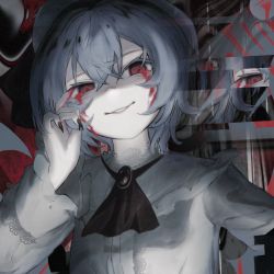 Rule 34 | 1girl, ascot, black ascot, black nails, blood, bloody tears, evil grin, evil smile, glitch, grin, hair between eyes, hair strand, hand up, lace collar, long sleeves, looking at viewer, nail polish, red eyes, remilia scarlet, shirt, short hair, smile, solo, sutorobo72, touhou, white shirt