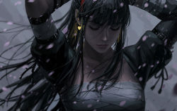 Rule 34 | 1girl, arms up, black hair, black sleeves, closed eyes, closed mouth, collarbone, commentary, detached sleeves, earrings, english commentary, guweiz, highres, jewelry, long hair, motion blur, original, petals, puffy short sleeves, puffy sleeves, sarashi, short sleeves, solo, upper body