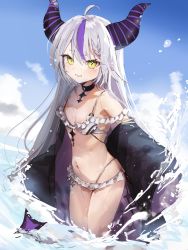 Rule 34 | 1girl, absurdres, ahoge, akebisousaku, bikini, blush, breasts, demon horns, frilled bikini, frills, hair between eyes, highres, hololive, horns, la+ darknesss, long hair, looking at viewer, multicolored hair, navel, pointy ears, purple hair, small breasts, smile, solo, streaked hair, striped horns, swimsuit, very long hair, virtual youtuber, wading, yellow eyes