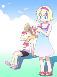 Rule 34 | 2girls, alice margatroid, alternate costume, blouse, casual, contemporary, dress, drink, female focus, gradient background, kirisame marisa, multiple girls, outdoors, shaomin, shirt, sky, touhou, white background, white shirt