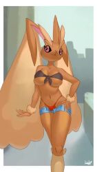 Rule 34 | 1girl, :3, animal nose, animated, arm at side, artist name, bandeau, bare shoulders, black bandeau, blinking, blue shorts, blurry, blurry background, body fur, border, breasts, brown fur, closed mouth, collarbone, creatures (company), denim, denim shorts, female focus, front-tie top, furry, furry female, game freak, gen 4 pokemon, groin, half-closed eyes, hand on own hip, happy, head tilt, highleg, highleg panties, highres, ivvvle, large breasts, legs, live2d, long ears, looking to the side, looping animation, lopunny, micro shorts, navel, nintendo, open fly, open mouth, outside border, panties, pink eyes, pokemon, pokemon (creature), rabbit ears, rabbit girl, red panties, short shorts, shorts, skindentation, smile, solo, standing, stomach, string panties, tagme, thighs, two-tone fur, unbuttoned, underboob, underwear, video, watermark, white border, yellow fur