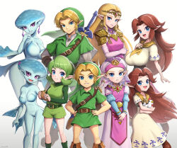 Rule 34 | 1boy, 5girls, absurdres, age comparison, armor, belt, blonde hair, blue eyes, blue skin, bowser, breasts, brown hair, colored skin, cucco, dress, earrings, gonzarez, green hair, green headwear, green shirt, green shorts, green tunic, highres, jewelry, large breasts, link, long hair, looking at viewer, malon, monster girl, multiple girls, nintendo, pauldrons, pink dress, pointy ears, princess ruto, princess zelda, purple eyes, saria (zelda), shield, shield on back, shirt, shorts, shoulder armor, smile, sword, the legend of zelda, the legend of zelda: ocarina of time, triangle earrings, triforce earrings, weapon, white dress, young link, young zelda