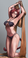 Rule 34 | 1girl, animal ear fluff, animal ears, armpits, arms up, warrior of light (ff14), bikini, black bikini, breasts, cat ears, cat tail, cleavage, green eyes, grey background, highres, imdsound, kneeling, large breasts, lips, looking at viewer, o-ring, o-ring bikini, o-ring bottom, o-ring top, one eye closed, original, parted lips, red hair, short hair, solo, swimsuit, tail