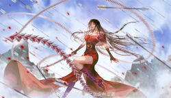 Rule 34 | 1girl, absurdres, arrow (projectile), bare shoulders, blue sky, chi lian (qin shi ming yue), closed mouth, cloud, dress, fingerless gloves, floating hair, ge bihua hua lao zhang, gloves, highres, holding, holding whip, leg up, long hair, mountain, off-shoulder dress, off shoulder, purple footwear, qinshi mingyue, red dress, second-party source, sky, smile, solo, weapon, whip sword