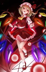 Rule 34 | 1girl, absurdres, ascot, blonde hair, bobby socks, crystal, flandre scarlet, hat, highres, looking at viewer, mary janes, mob cap, moon, onikoroshi, open mouth, puffy sleeves, red background, red eyes, red moon, shoes, skirt, socks, solo, touhou, vest, white hat, white socks, wings, yellow ascot