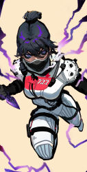 Rule 34 | 1girl, absurdres, animification, apex legends, black hair, blue eyes, breasts, brown background, charging forward, collarbone, electricity, hair bun, highres, holding, holding knife, knife, kunai, mask, medium breasts, mouth mask, official alternate costume, peter chai, quarantine 722 wraith, single hair bun, solo, thigh strap, weapon, hope&#039;s dusk (apex legends), wraith (apex legends)