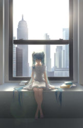 Rule 34 | 1girl, alternate costume, aqua hair, arm at side, bare legs, book, book stack, building, city, closed eyes, commentary, day, full body, green eyes, half-closed eyes, hatsune miku, highres, indoors, jokanhiyou, lens flare, light particles, long hair, looking away, no legwear, no shoes, open book, reading, ribbon, short sleeves, sitting, skyscraper, smile, solo, twintails, very long hair, vocaloid, white ribbon, window