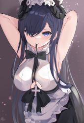Rule 34 | 1girl, apron, armpits, arms behind head, august von parseval (azur lane), august von parseval (the conquered unhulde) (azur lane), azur lane, black bow, black bowtie, bow, bowtie, breasts, clothing cutout, cross, curled horns, hair over one eye, highres, horns, large breasts, looking at viewer, maid apron, maid headdress, mechanical horns, mouth hold, official alternate costume, purple eyes, purple hair, ribbon, ribbon in mouth, runep, solo, underboob cutout