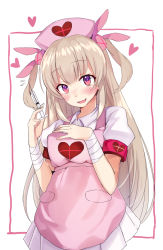 Rule 34 | 1girl, apron, bandages, blonde hair, blush, commentary request, fang, female focus, hat, heart, lamb (hitsujiniku), long hair, looking at viewer, multicolored eyes, natori sana, nurse, nurse cap, open mouth, parted lips, pink eyes, purple eyes, sana channel, shirt, smile, solo, syringe, two side up, virtual youtuber, white background, white shirt