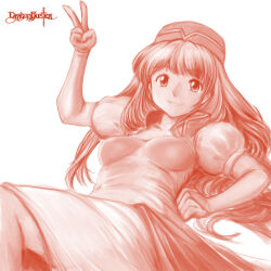 Rule 34 | 1girl, breasts, closed mouth, collarbone, copyright name, dragon buster (game), dress, hand up, hat, highres, long hair, looking at viewer, medium breasts, minamoto80486, monochrome, princess celia, puffy short sleeves, puffy sleeves, red theme, short sleeves, simple background, smile, solo, v, white background