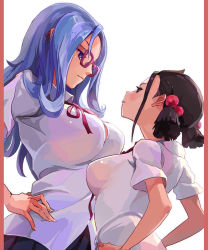 Rule 34 | 2girls, atago kinue, blue eyes, blue hair, blush, breasts, dress shirt, eye contact, face-to-face, glaring, glasses, hair bobbles, hair ornament, hands on own hips, height difference, himematsu school uniform, large breasts, long hair, looking at another, multiple girls, pleated skirt, ribbon, saki (manga), school uniform, see-through, shirt, short hair, short twintails, skirt, standing, tight clothes, tight shirt, twintails, ueshige suzu, white shirt, yaku yojino
