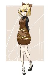 Rule 34 | 1girl, absurdres, arms behind back, black footwear, blonde hair, border, bow, brown bow, brown dress, brown eyes, closed mouth, commentary request, dated, dress, full body, hair bow, highres, kurodani yamame, long sleeves, looking at viewer, one-hour drawing challenge, short hair, smile, socks, solo, spider web background, standing, touhou, ve1024, white border, white socks