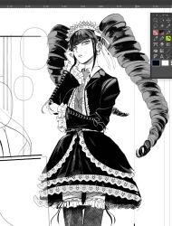 Rule 34 | 1girl, celestia ludenberg, center frills, collared shirt, cowboy shot, d:, danganronpa: trigger happy havoc, danganronpa (series), drill hair, earrings, frills, jacket, jewelry, lace, lace-trimmed skirt, lace trim, layered skirt, long hair, mt2 (sub mmt), necktie, open clothes, open jacket, open mouth, shirt, skirt, solo, teeth, thighhighs, twin drills, twintails, unfinished