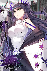 Rule 34 | 1girl, bare shoulders, bloodline, breasts, daisy (bloodline), green eyes, holding, holding shield, holding weapon, iotower, long hair, looking at viewer, mace, purple hair, shield, solo, two side up, very long hair, weapon
