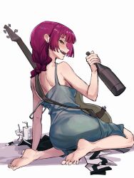 Rule 34 | 1girl, alcohol carton, back, bare shoulders, barefoot, blush, bocchi the rock!, boogieleo5, bottle, braid, brown eyes, carton, dress, earrings, electric guitar, feet, from behind, full body, green dress, guitar, hair over shoulder, highres, hiroi kikuri, holding, holding bottle, instrument, jewelry, long hair, looking at viewer, looking back, open mouth, red hair, sake bottle, simple background, sitting, sketch, smile, soles, solo, strap slip, stud earrings, white background