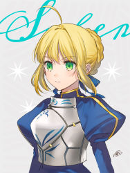 Rule 34 | 1girl, ahoge, armor, artoria pendragon (all), artoria pendragon (fate), blonde hair, blush, character name, closed mouth, expressionless, fate (series), green eyes, grey background, highres, kippu, puffy sleeves, saber (fate), short hair, signature, solo, upper body