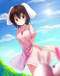 Rule 34 | 1girl, absurdres, alternate breast size, animal ears, arms behind back, black hair, blue sky, breasts, brown eyes, rabbit, day, dress, floppy ears, highres, inaba tewi, koissa, looking at viewer, medium breasts, outdoors, pink dress, puffy short sleeves, puffy sleeves, rabbit ears, rabbit girl, rabbit tail, ribbon-trimmed sleeves, ribbon trim, short hair, short sleeves, sky, solo, standing, tail, touhou