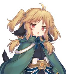 Rule 34 | 1girl, ahoge, animal ears, annoyed, brown hair, cape, character request, detached sleeves, long hair, looking at viewer, open mouth, red eyes, shenbei xiaoqiu, simple background, solo, tail, twintails, white background