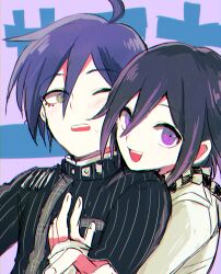 Rule 34 | 2boys, absurdres, ahoge, black hair, black jacket, checkered clothes, checkered scarf, danganronpa (series), danganronpa v3: killing harmony, flipped hair, hair between eyes, highres, hug, hug from behind, jacket, kawati, light particles, long sleeves, looking at viewer, male focus, multiple boys, oma kokichi, one eye closed, open mouth, pinstripe jacket, pinstripe pattern, portrait, purple eyes, purple hair, ringed eyes, saihara shuichi, scarf, short hair, simple background, smile, straitjacket, striped clothes, striped jacket, teeth, two-tone scarf, yellow eyes