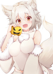 Rule 34 | 1girl, :d, animal ear fluff, animal ears, breasts, detached sleeves, fang, fur trim, halloween, inubashiri momiji, jack-o&#039;-lantern, large breasts, looking at viewer, open mouth, orange eyes, rururiaru, short hair, simple background, smile, solo, tail, touhou, white background, white hair, wolf ears, wolf girl, wolf tail