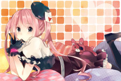 Rule 34 | 1girl, argyle, bad id, bad pixiv id, black eyes, black gloves, black thighhighs, bracelet, dress, eyepatch, gloves, hat, heart, jewelry, lying, note, on stomach, original, ousaka nozomi, pillow, pink hair, polka dot, puffy sleeves, solo, stuffed animal, stuffed rabbit, stuffed toy, thighhighs, twintails