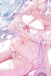 Rule 34 | 1girl, bikini, breasts, cleavage, covering own mouth, hand over own mouth, large breasts, light purple hair, long hair, navel, sitting, solo, swimsuit, tandohark, very long hair, wet, white bikini