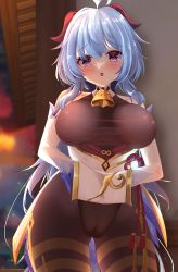 Rule 34 | 1girl, absurdres, ahoge, balut (7676i), bare shoulders, bell, black legwear, black leotard, blue hair, blush, bodystocking, bodysuit, breasts, cameltoe, clothes lift, covered erect nipples, detached sleeves, ganyu (genshin impact), genshin impact, gluteal fold, gold trim, groin, highres, horns, large breasts, leotard, leotard under clothes, lifted by self, long hair, looking at viewer, neck bell, open mouth, paid reward available, pelvic curtain, pelvic curtain lift, purple eyes, sidelocks, solo, standing, thigh gap, thighlet, thighs, vision (genshin impact), white sleeves