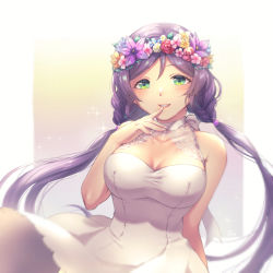 Rule 34 | 1girl, artist name, artist request, bare shoulders, blush, breasts, choker, collarbone, dress, female focus, flower wreath, green eyes, head wreath, highres, large breasts, long hair, looking at viewer, love live!, love live! school idol project, parted lips, purple hair, sha (shareddelicious), shareddelicious (pixiv659764), smile, solo, sundress, tojo nozomi, twintails, white choker, white dress