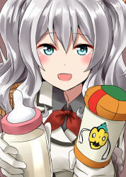 Rule 34 | 10s, 1girl, :d, blue eyes, bottle, cameo, crossover, curly hair, epaulettes, gloves, highres, holding, kamelie, kantai collection, kashima (kancolle), looking at viewer, milk bottle, okaasan to issho, open mouth, pacifier, silver hair, smile, solo, spoo, twintails, white gloves
