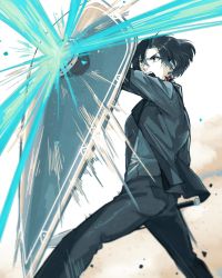 Rule 34 | 1boy, beam, black hair, black jacket, black pants, brown eyes, constantine xi (fate), curtained hair, debris, earrings, fate/grand order, fate (series), feet out of frame, hair between eyes, highres, holding, holding shield, jacket, jewelry, looking ahead, lv1na ura, male focus, open mouth, pants, shield, short hair, solo, standing, suit jacket, sword, teeth, upper teeth only, v-shaped eyebrows, weapon
