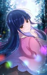 Rule 34 | 1girl, absurdres, bamboo, bamboo forest, black hair, brown eyes, ekisutora, forest, full moon, head tilt, highres, houraisan kaguya, looking at viewer, looking back, moon, nature, one-hour drawing challenge, pink shirt, shirt, smile, solo, touhou
