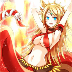 Rule 34 | 1girl, arms up, artist name, bad id, bad pixiv id, blonde hair, blue eyes, breasts, chisa, dated, echidna (p&amp;d), lamia, large breasts, long hair, monster girl, puzzle &amp; dragons, smile, solo