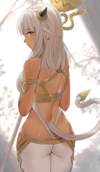 Rule 34 | 1girl, animal ears, ash (fire emblem), ass, back, backless dress, backless outfit, bare shoulders, black horns, breasts, brown eyes, closed mouth, commentary request, cow ears, cow girl, cow horns, cow tail, dark-skinned female, dark skin, dress, ear piercing, female focus, fire emblem, fire emblem heroes, from behind, haru (nakajou-28), highres, holding, holding staff, holding weapon, horns, large breasts, long hair, looking at viewer, looking back, nintendo, pants, piercing, smile, solo, staff, tail, weapon, white dress, white hair, white pants