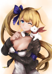 Rule 34 | 1girl, absurdres, black jacket, blonde hair, blue eyes, breasts, closed mouth, cross, crossed arms, dress, fal (girls&#039; frontline), finger to cheek, girls&#039; frontline, hair ribbon, highres, jacket, lips, long hair, looking at viewer, marche mk14, medium breasts, one eye closed, open clothes, open jacket, ribbon, side ponytail, simple background, smile, solo, standing, white dress