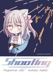 Rule 34 | 1girl, :&gt;, animal ear fluff, animal ears, blue sailor collar, blush, cannon, cat ears, cat girl, cat tail, chibi, closed mouth, comiket 99, commentary request, dress, grey hair, hair between eyes, hair ribbon, highres, long hair, long sleeves, nakkar, o o, original, pink ribbon, puffy long sleeves, puffy sleeves, ribbon, sailor collar, sailor dress, solo, sweat, tail, twintails, twitter username, very long hair, white dress